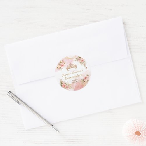Quinceañera Blush Pink Floral Gold Classic Round Sticker
