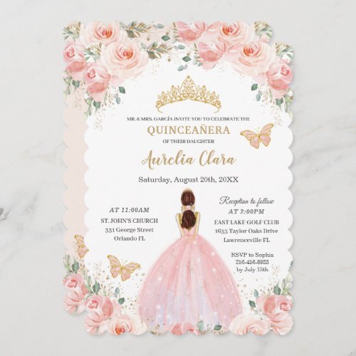 Quinceaera Blush Pink Floral Gold Crown Butterfly Invitation