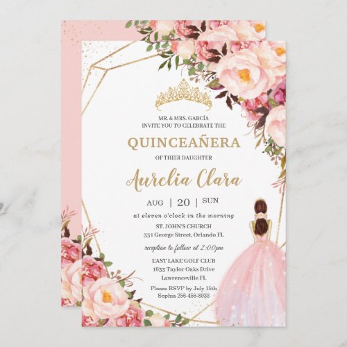 Quinceaera Blush Pink Floral Gold Princess  Invitation