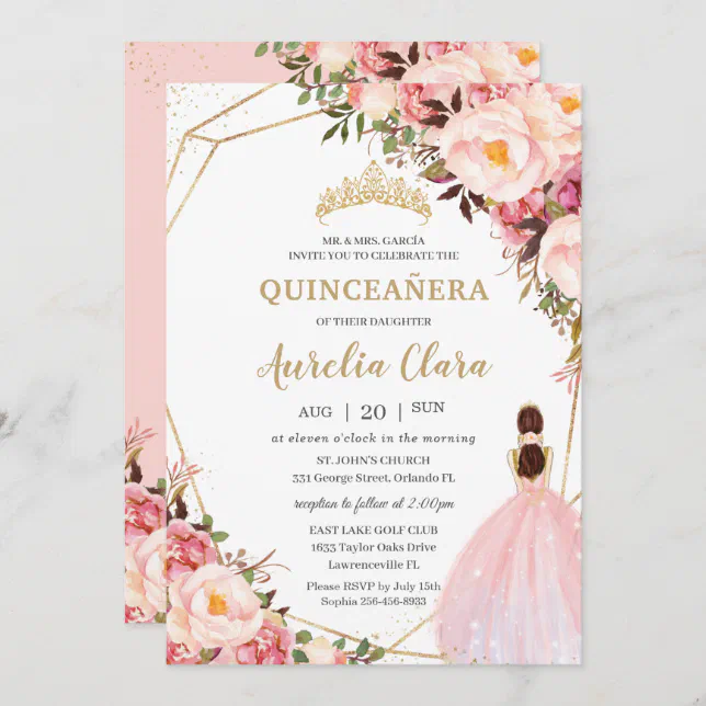 Quinceañera Blush Pink Floral Gold Princess Invitation | Zazzle