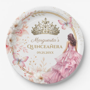 Quinceañera Blush Pink Floral Gold Tiara Butterfly Paper Plates