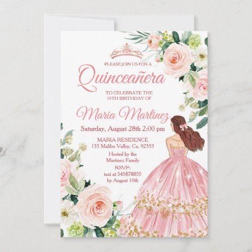 Quinceanera Blush Pink Floral Mexican Birthday Invitation
