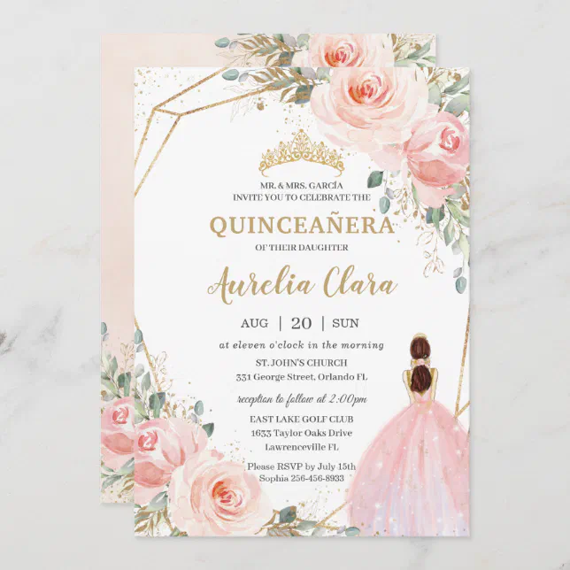 Quinceañera Blush Pink Floral Mis Quince Anos Inv Invitation 