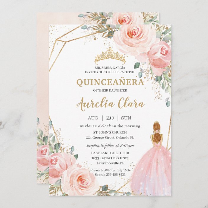 Quinceañera Blush Pink Floral Mis Quince Anos Invitation 5485