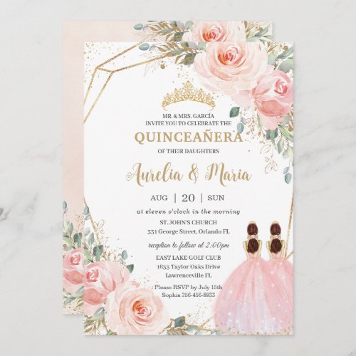 Quinceaera Blush Pink Floral Mis Quince XV Twins Invitation