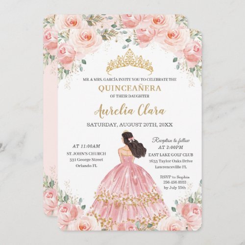 Quinceaera Blush Pink Floral Princess Birthday Invitation