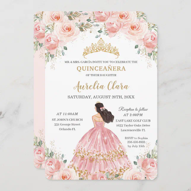 Quinceañera Blush Pink Floral Princess Birthday Invitation | Zazzle