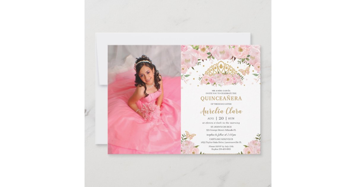 Quinceañera Blush Pink Floral Princess Crown Photo Invitation | Zazzle