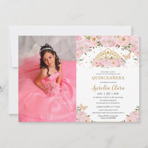 Quinceaera Blush Pink Floral Princess Crown Photo Invitation