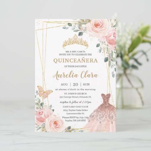 Quinceañera Blush Pink Floral Princess Gown Tiara Invitation | Zazzle