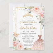 Quinceañera Blush Pink Floral Princess Gown Tiara Invitation (Front)