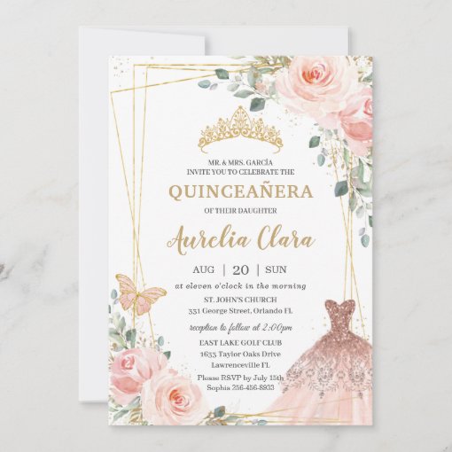 Quinceañera Blush Pink Floral Princess Gown Tiara Invitation | Zazzle