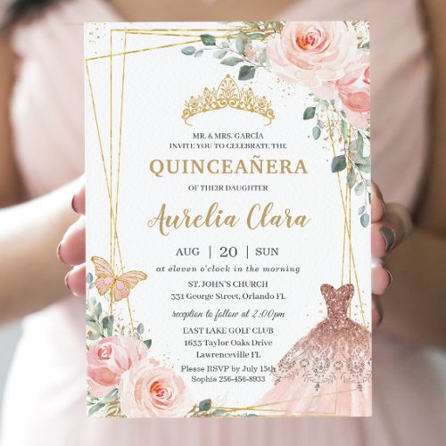 Quinceaera Blush Pink Floral Princess Gown Tiara Invitation