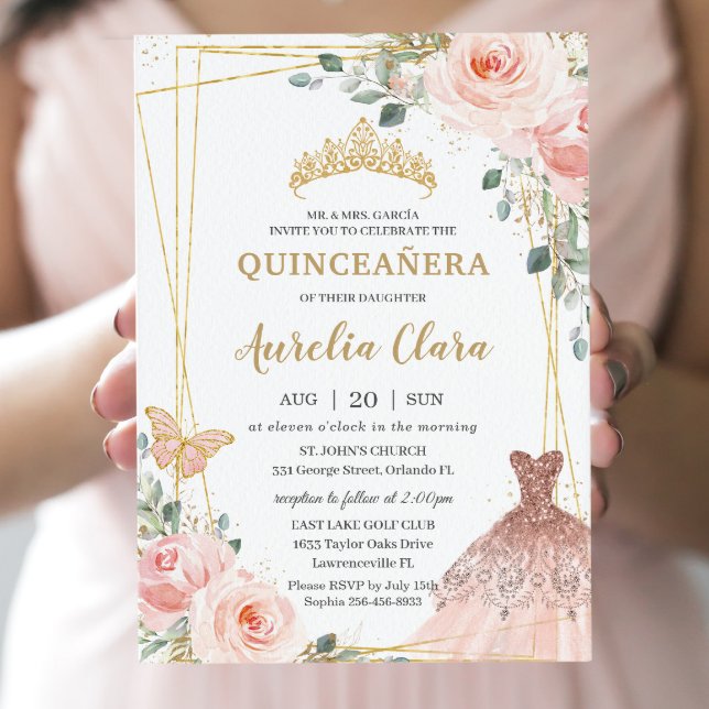 Quinceañera Blush Pink Floral Princess Gown Tiara Invitation