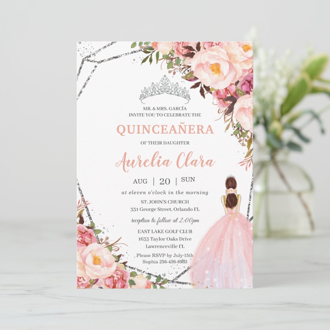 Quinceañera Blush Pink Floral Princess Silver Invi Invitation | Zazzle