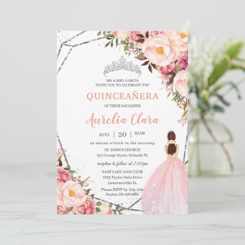 Quinceaera Blush Pink Floral Princess Silver Invi Invitation