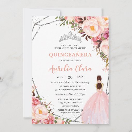 Quinceañera Blush Pink Floral Princess Silver Invi Invitation | Zazzle