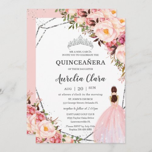 Quinceaera Blush Pink Floral Princess Silver Invitation