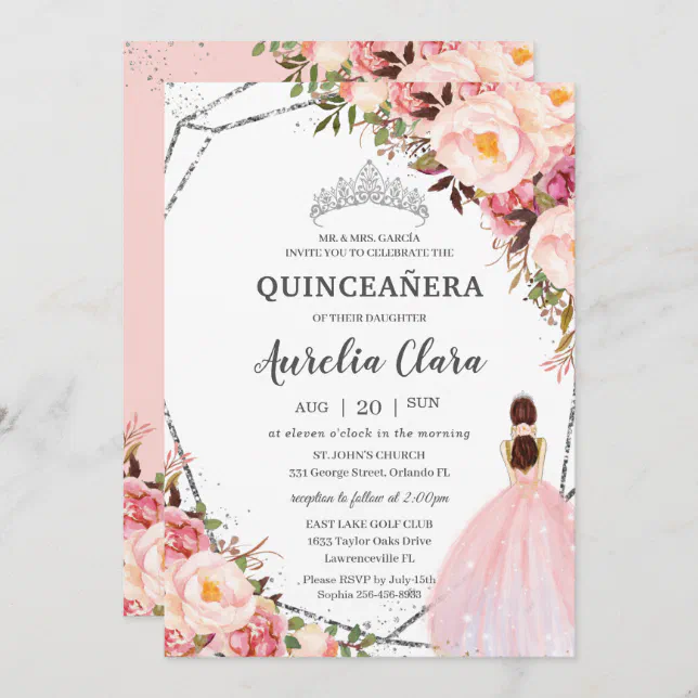 Quinceañera Blush Pink Floral Princess Silver Invitation | Zazzle