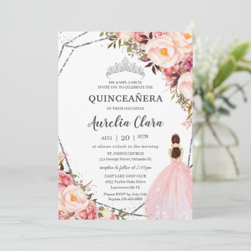 Quinceañera Blush Pink Floral Princess Silver Invitation | Zazzle