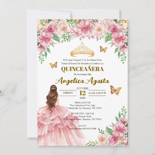 Quinceañera Blush Pink Floral Princess Spanish Invitation (Front)
