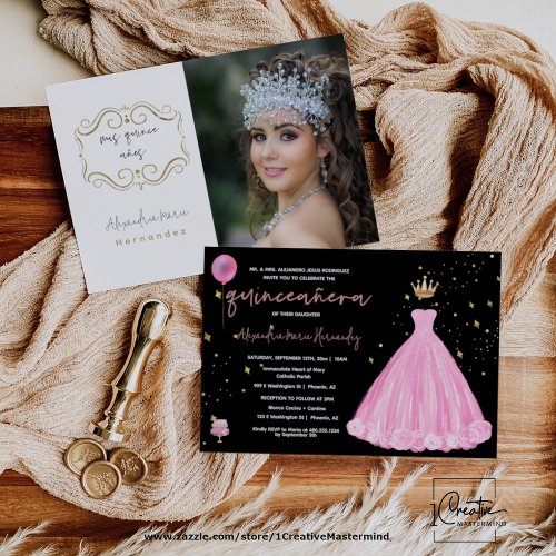 Quinceaera Blush Pink Floral Princess Tiara Photo Invitation