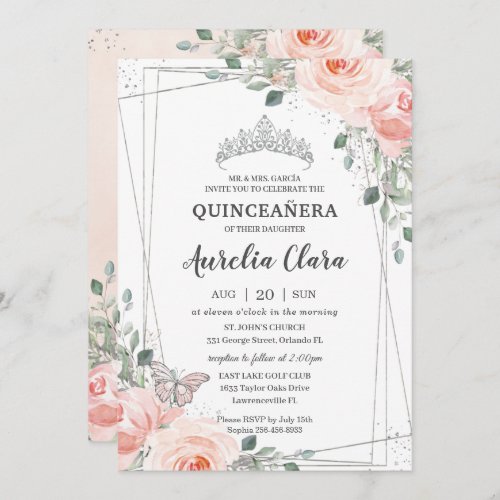 Quinceaera Blush Pink Floral Rose Butterfly Crown Invitation