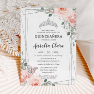Quinceañera Blush Pink Floral Rose Butterfly Crown Invitation
