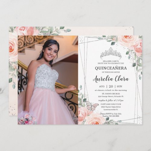 Quinceaera Blush Pink Floral Rose Butterfly Photo Invitation