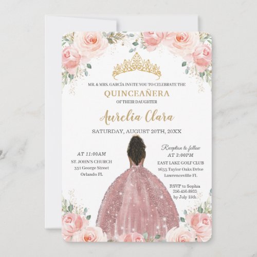 Quinceaera Blush Pink Floral Rose Gold Brown Girl Invitation