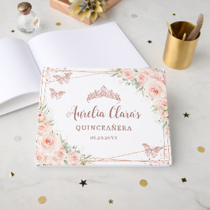 Quinceanera Blush Pink Floral Rose Gold Butterfly Guest Book