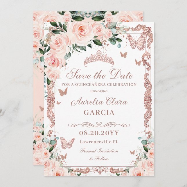 Quinceañera Blush Pink Floral Rose Gold Butterfly Save The Date (Front/Back)