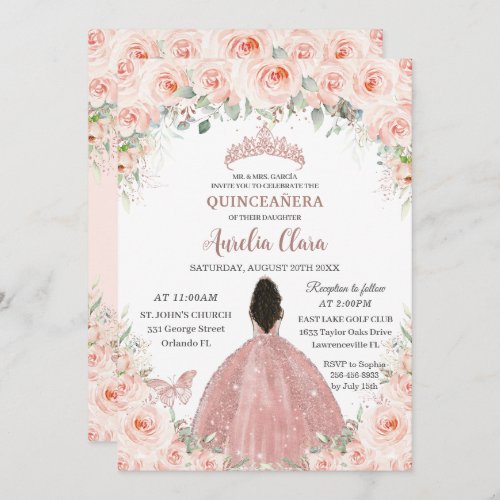 Quinceaera Blush Pink Floral Rose Gold Dress Girl Invitation