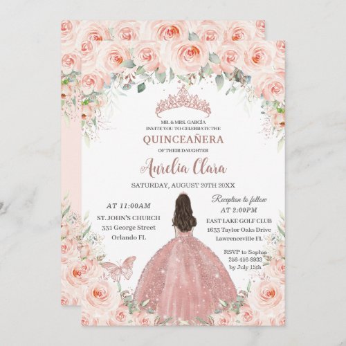 Quinceaera Blush Pink Floral Rose Gold Princess Invitation