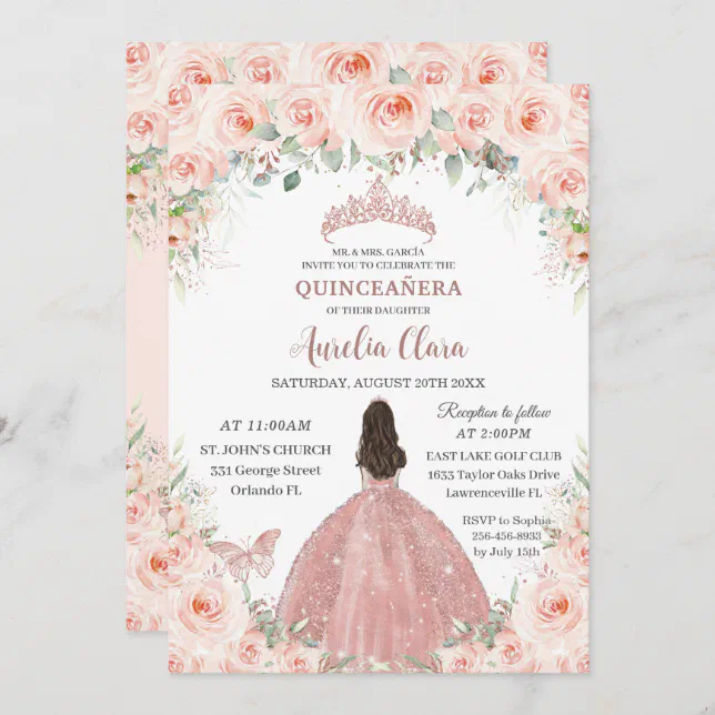 Quinceañera Blush Pink Floral Rose Gold Princess Invitation | Zazzle