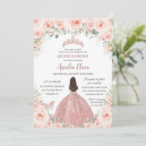 Quinceañera Blush Pink Floral Rose Gold Princess Invitation | Zazzle