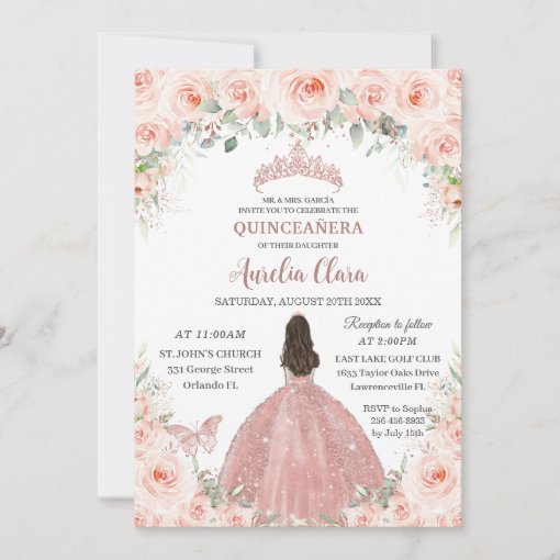 Quinceañera Blush Pink Floral Rose Gold Princess Invitation | Zazzle