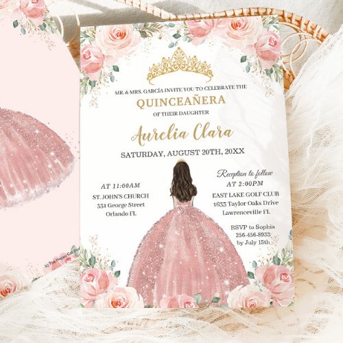 Quinceaera Blush Pink Floral Rose Gold Princess Invitation