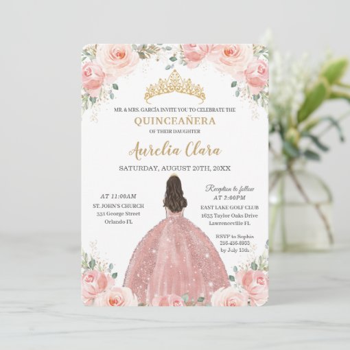 Quinceañera Blush Pink Floral Rose Gold Princess Invitation | Zazzle