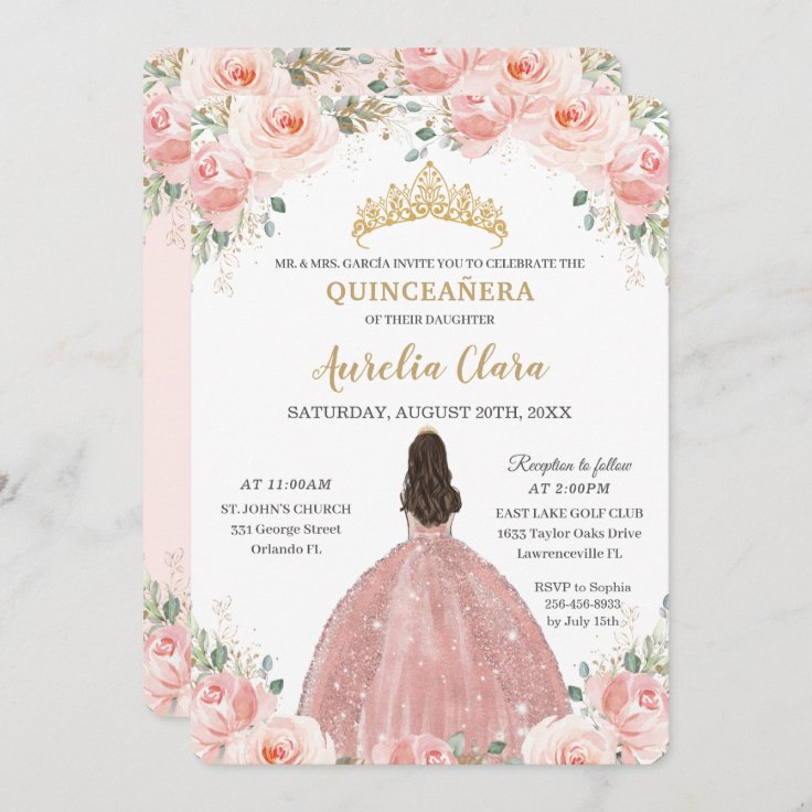 Quinceañera Blush Pink Floral Rose Gold Princess Invitation | Zazzle