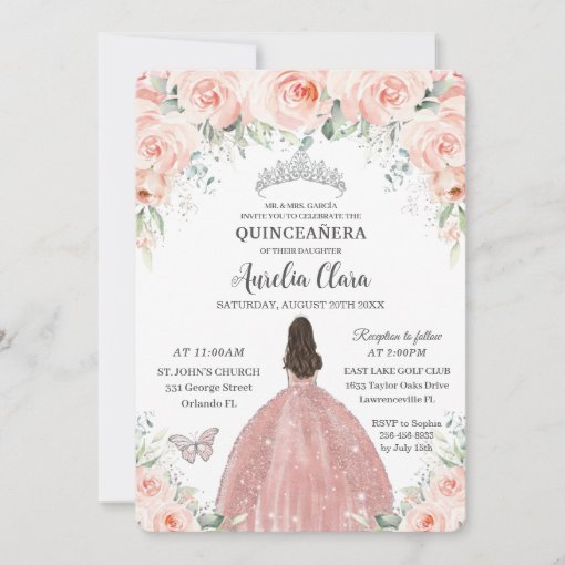 Quinceañera Blush Pink Floral Rose Princess Silver Invitation | Zazzle