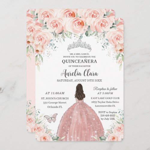 Quinceaera Blush Pink Floral Rose Princess Silver Invitation