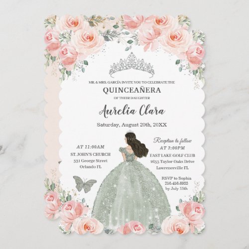 Quinceaera Blush Pink Floral Sage Green Dress Invitation