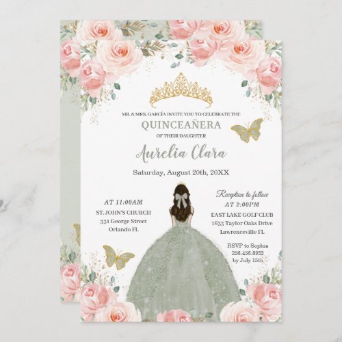 Quinceaera Blush Pink Floral Sage Green Princess Invitation