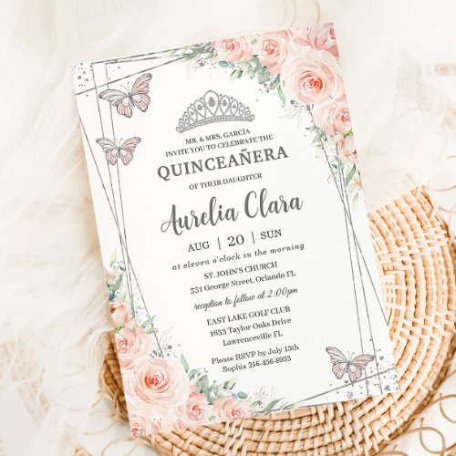 Quinceanera Blush Pink Floral Silver Butterflies Invitation