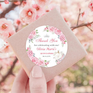Quinceanera Blush Pink Floral Silver Crown Classic Round Sticker