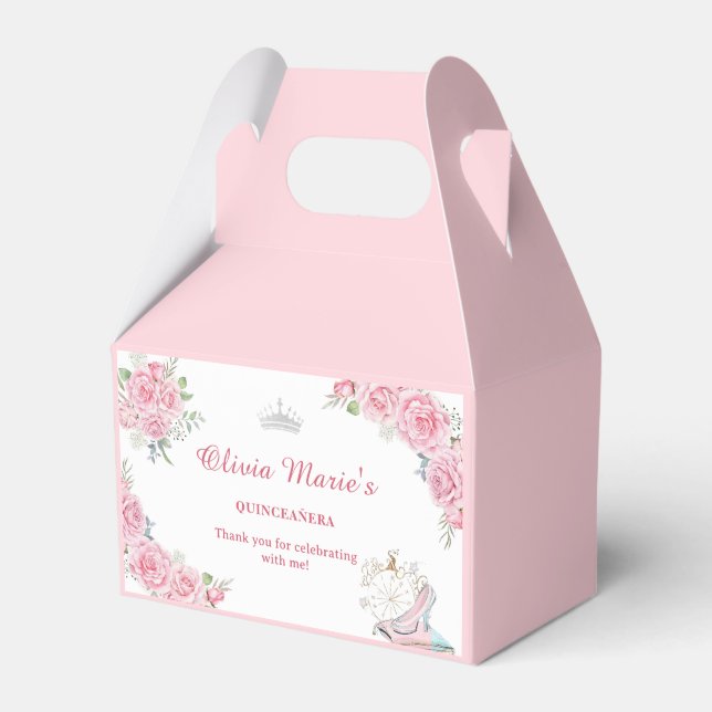 Quinceanera Blush Pink Floral Silver Crown  Favor Boxes (Front Side)
