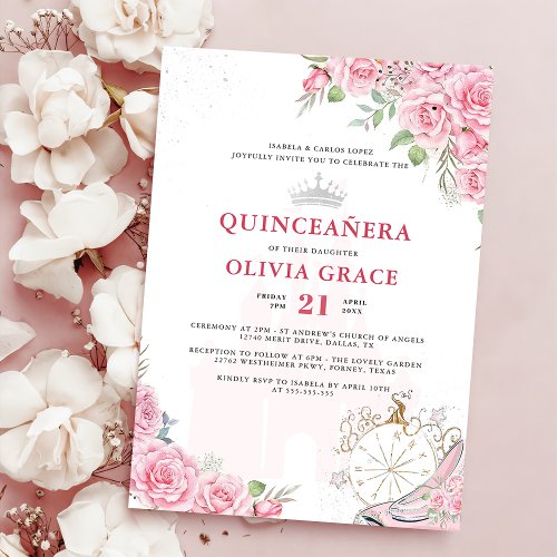 Quinceanera Blush Pink Floral Silver Crown Invitation