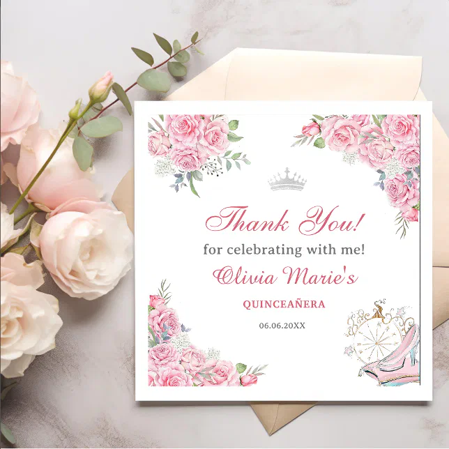 Quinceanera Blush Pink Floral Silver Crown Napkins | Zazzle