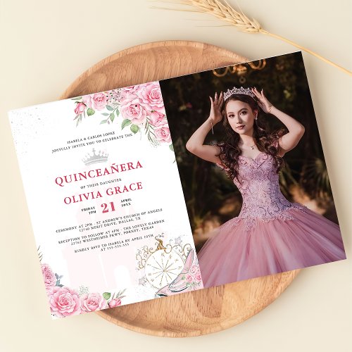 Quinceanera Blush Pink Floral Silver Crown Photo Invitation